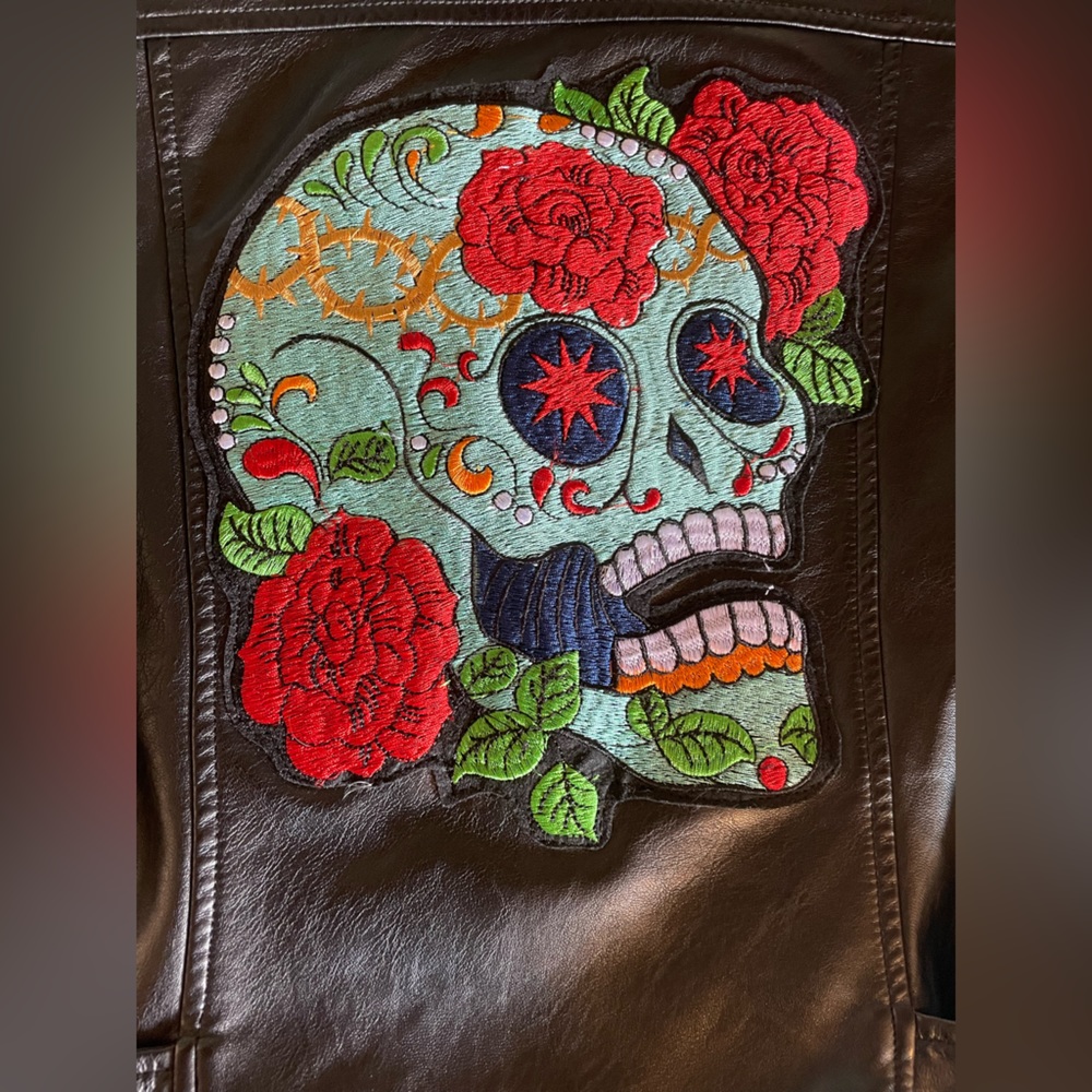 Sugar Skull Upcycled Black Faux Leather Motorcycle Jacket Women’s Size S - Picture 3 of 9
